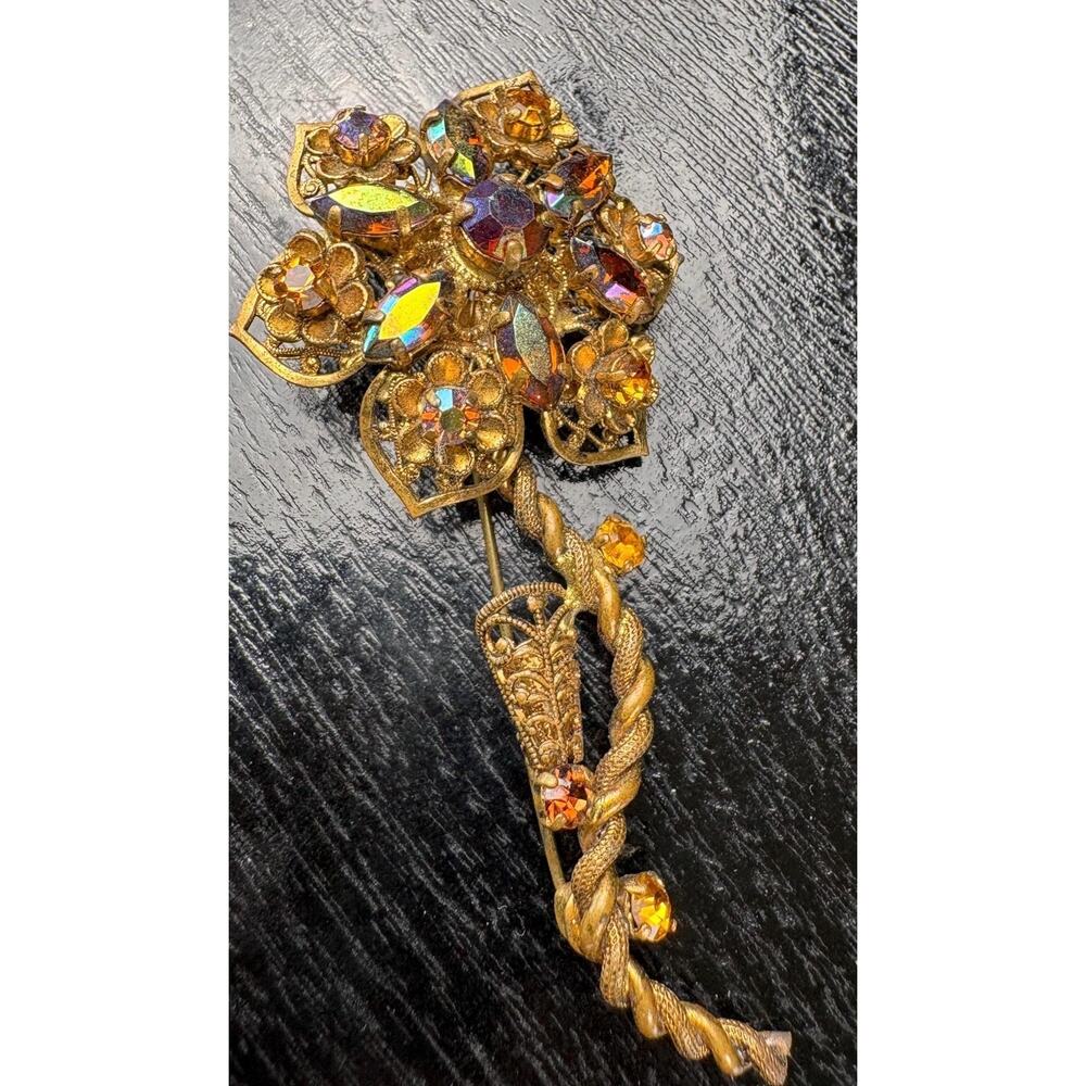 West German Vintage Brooch Carnival crystals large filigree VTG
